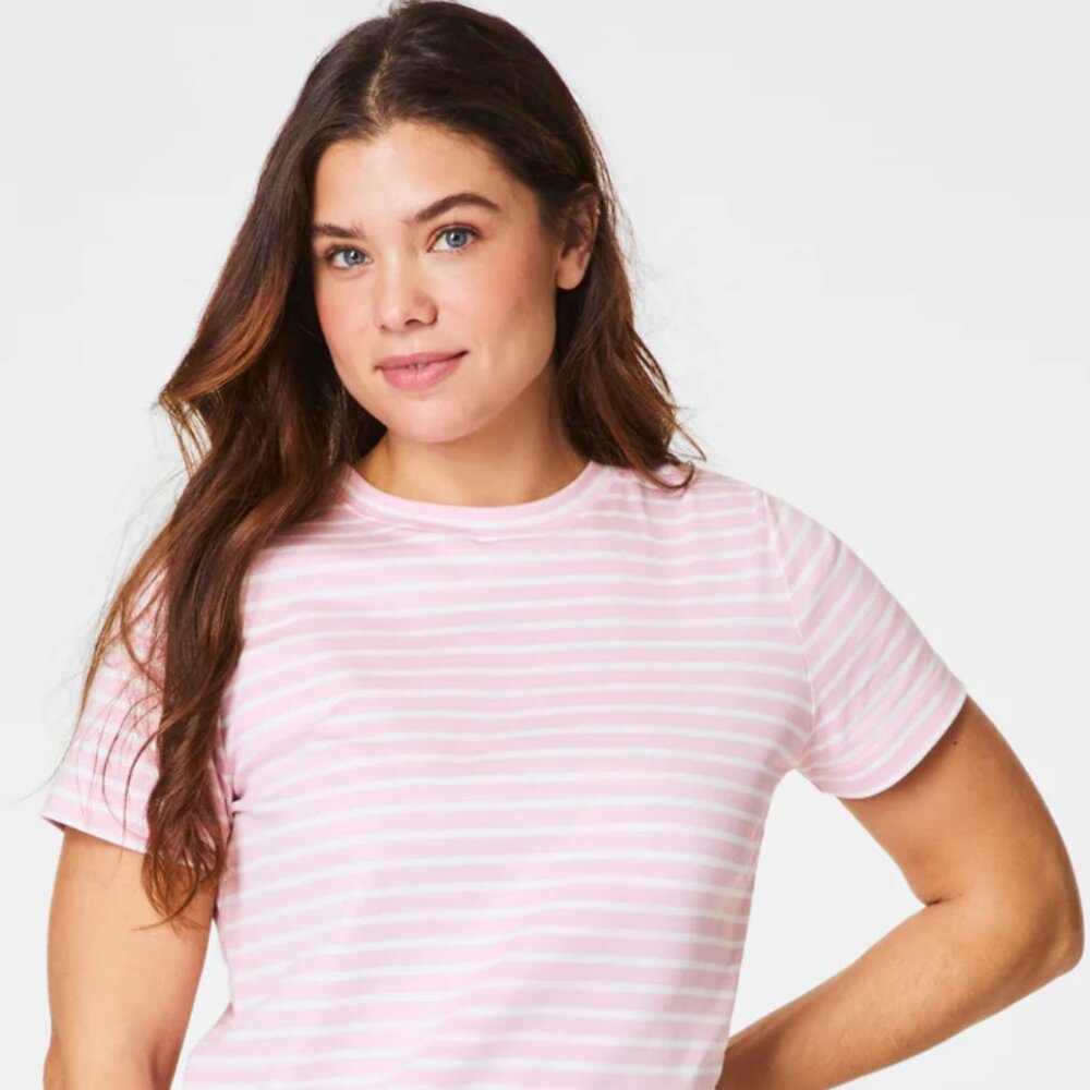 SPANX Cotton Crewneck Tee L pink stripe NWT